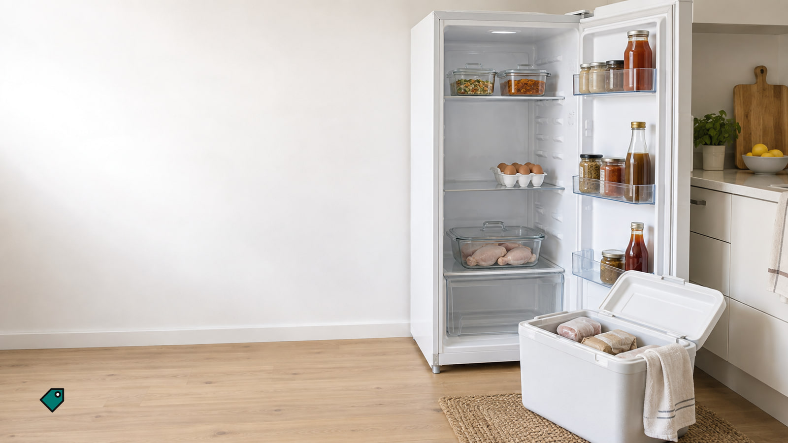 A white refrigerator stands open in a bright kitchen, raw chicken in a lidded dish on the bottom shelf and an open white cooler on the oak floor.