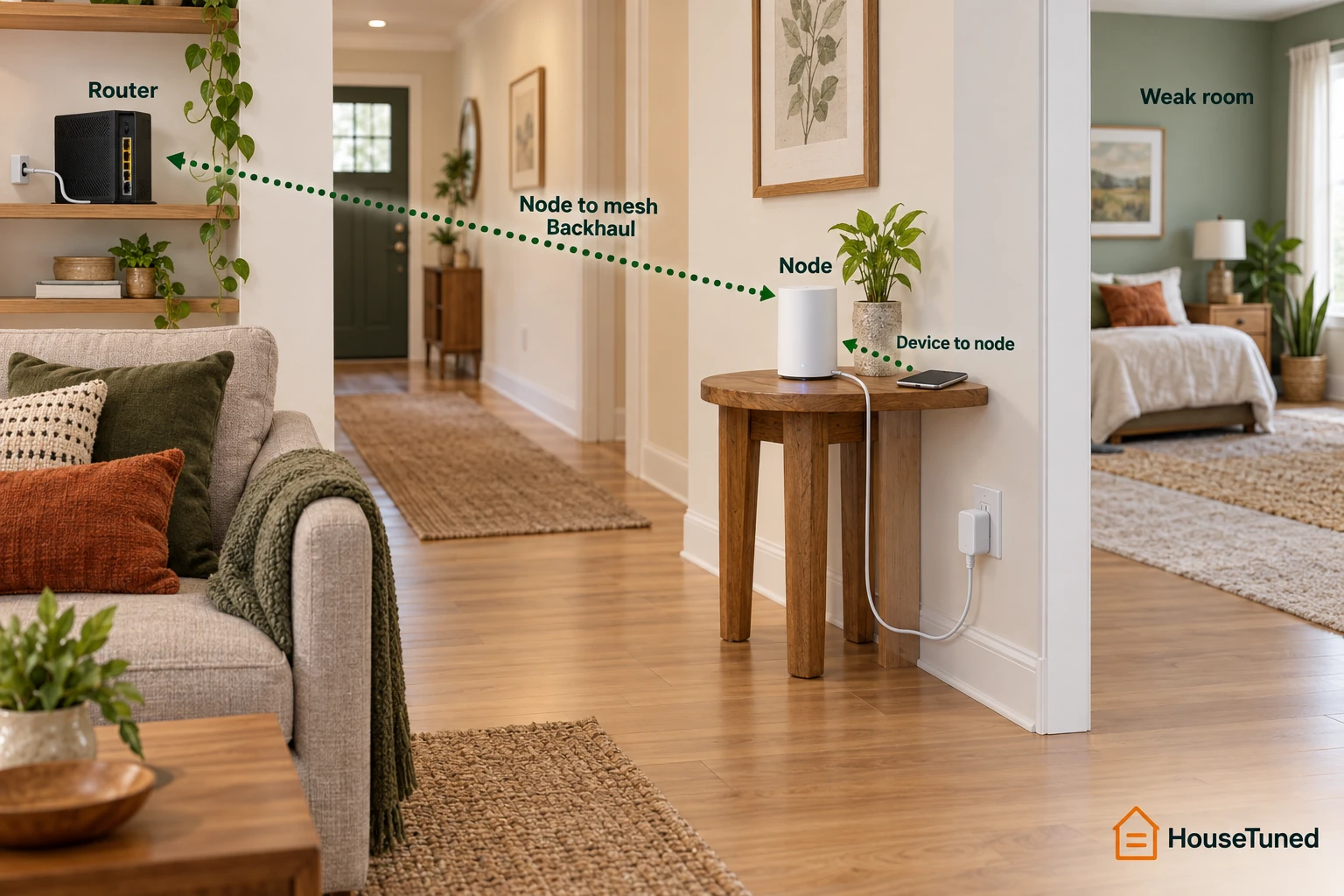 Cutaway room view of a mesh node on a low table, with one signal arrow to a nearby phone and a separate backhaul arrow toward the router.