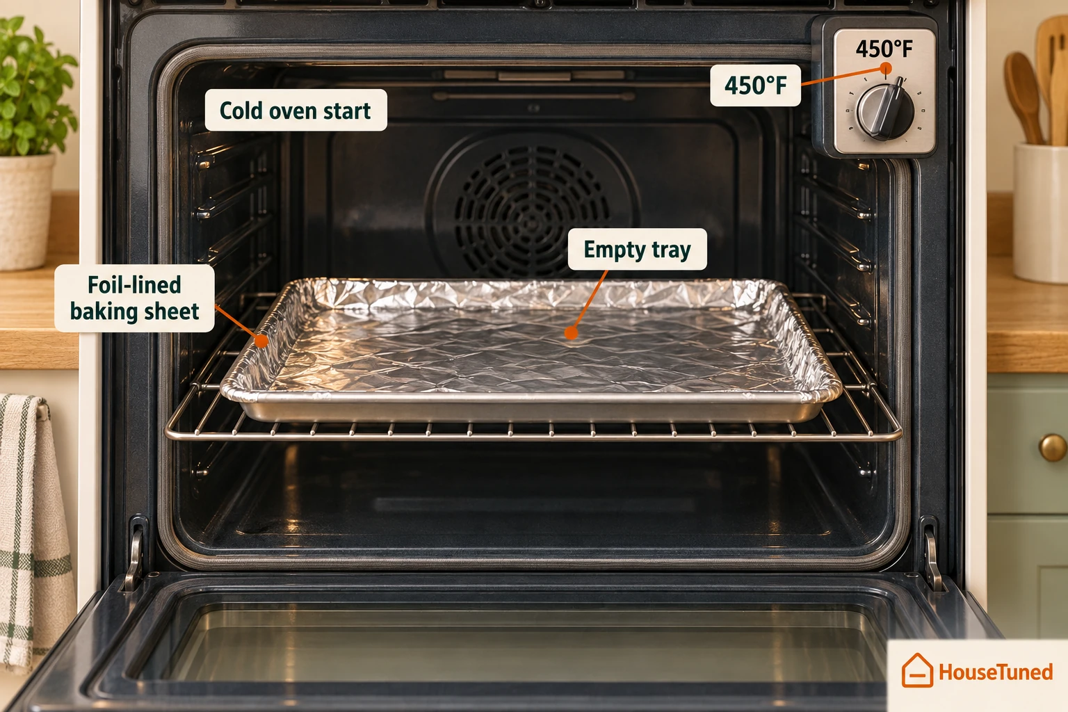 An empty foil-lined baking sheet sits on a rack in a cold oven whose dial shows 450°F.