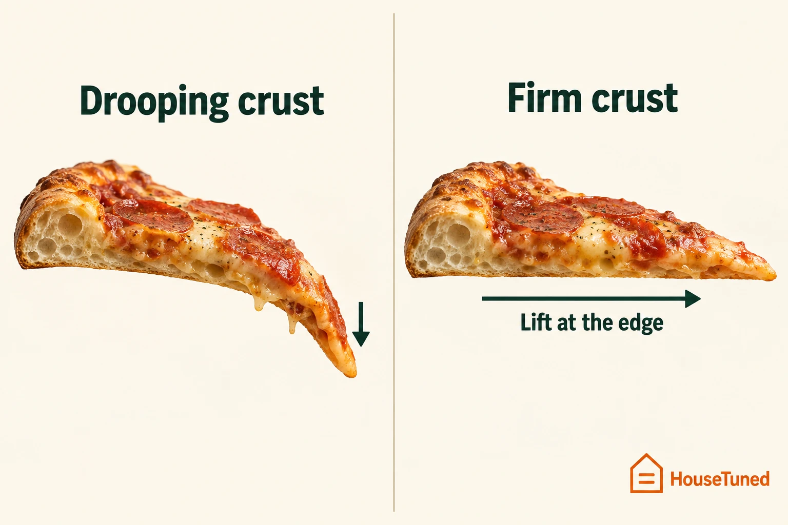 Two panels of the same slice lifted by its edge, one with the tip drooping and one held straight and firm.