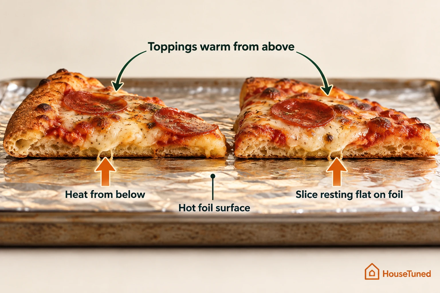 Side close-up of pizza slices on hot foil, one arrow rising into the crust and another warming the cheese above.