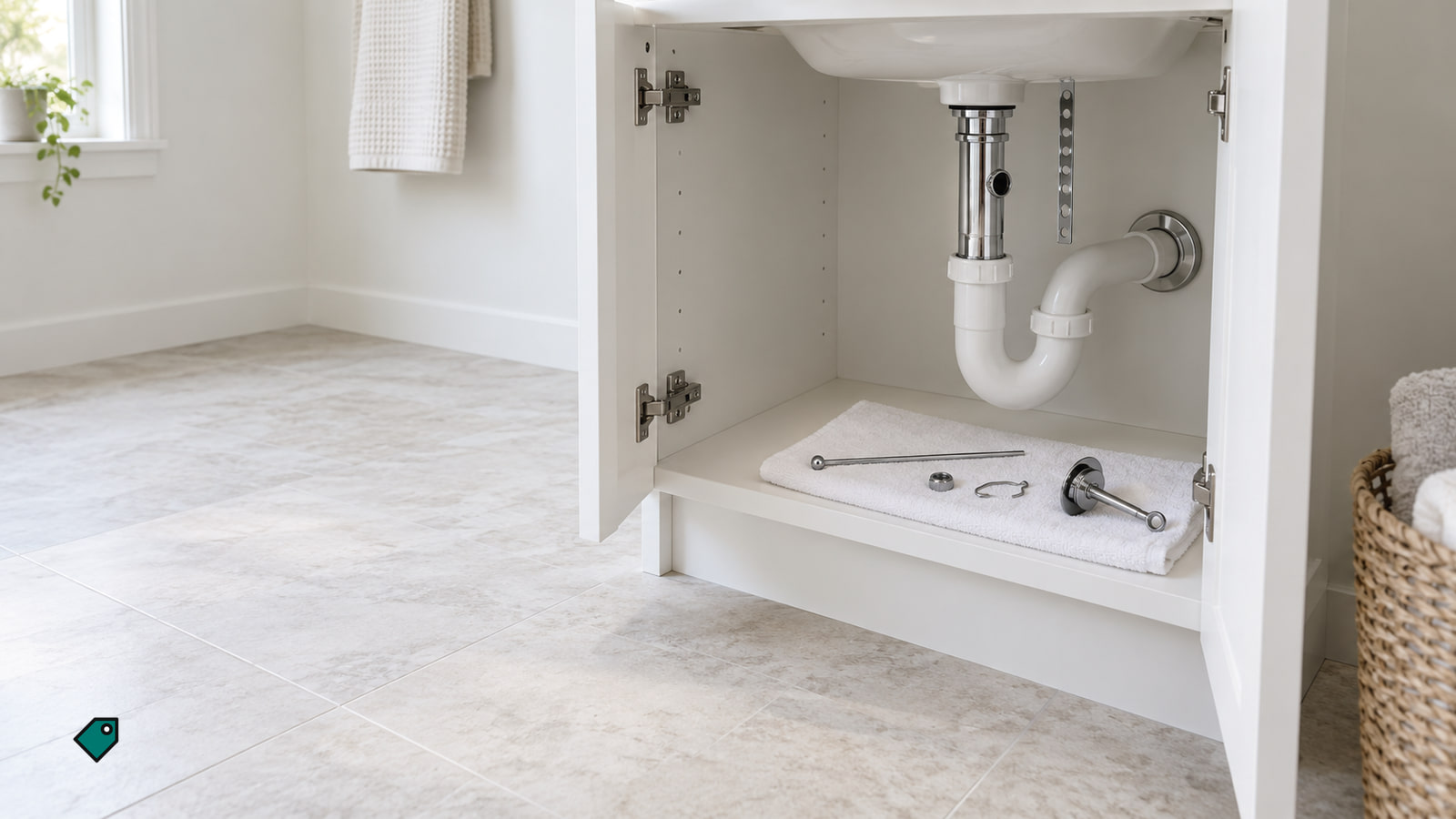 An open bathroom vanity shows a white drain trap beneath the sink and several metal parts resting on a towel inside the cabinet.
