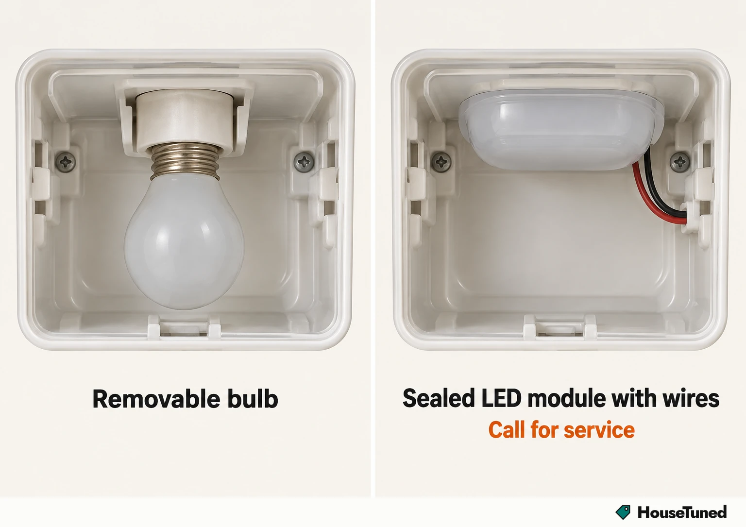 Side-by-side close-ups of an unlit light housing: left a screw-base socket with one removable bulb, right a sealed LED module with wires.