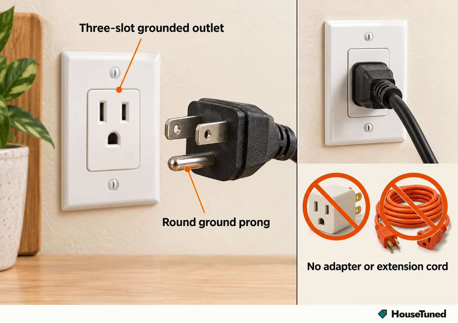 Refrigerator cord plug with two flat blades and a round ground prong facing a three-slot grounded outlet; inset shows it plugged in.
