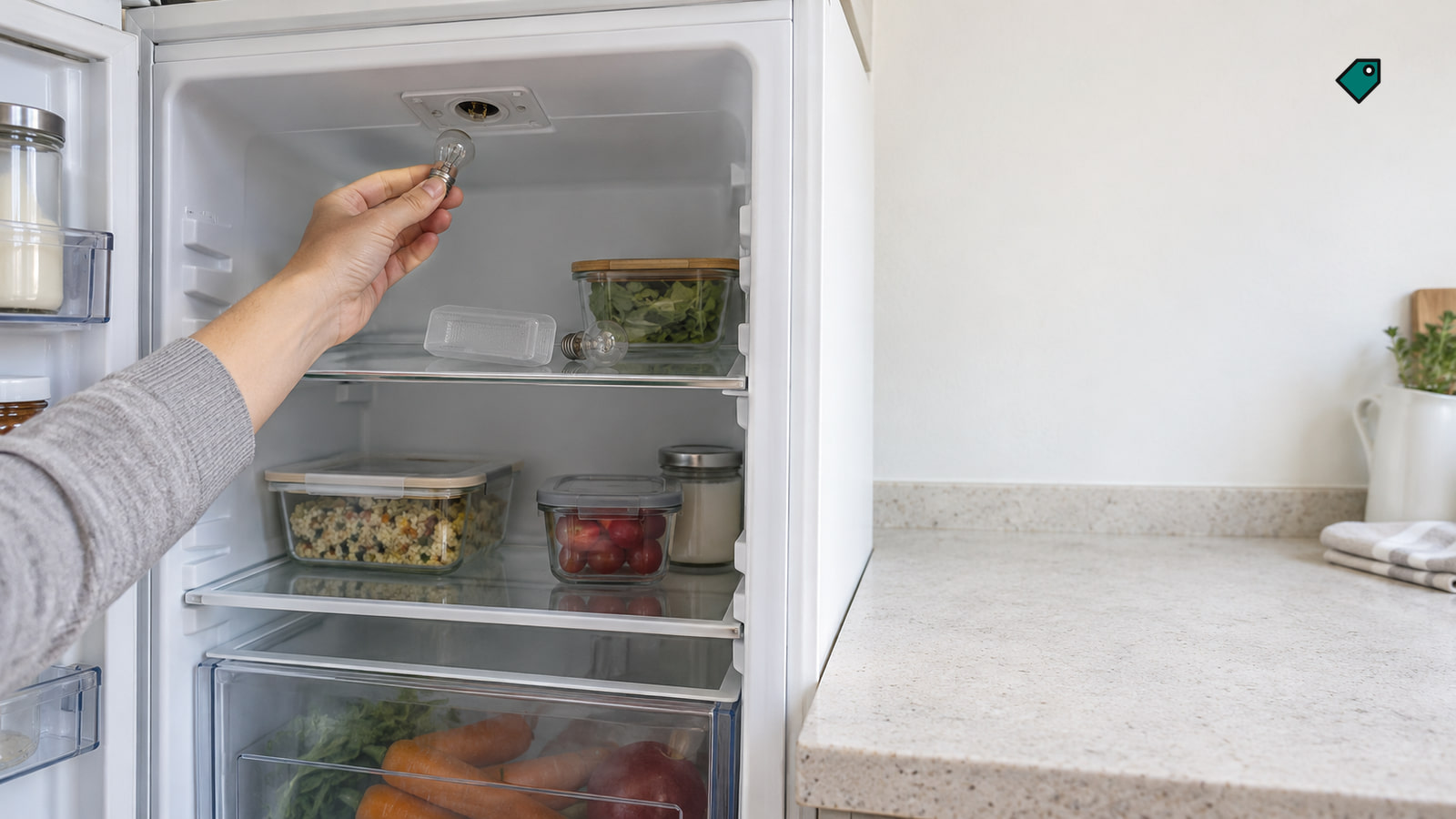 A hand fits a small clear bulb into the light socket inside an open white fridge, its frosted cover and old bulb on the top shelf, in soft daylight.