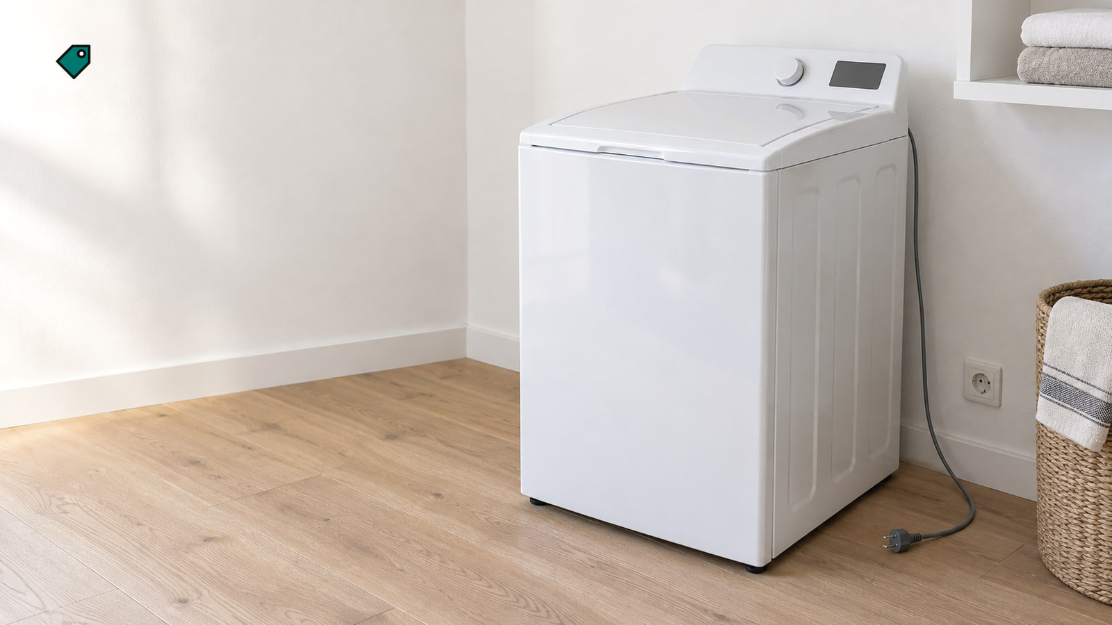 White top-loading washer pulled from the wall in a bright laundry room, its power plug unplugged on the oak floor beside a low wall socket.