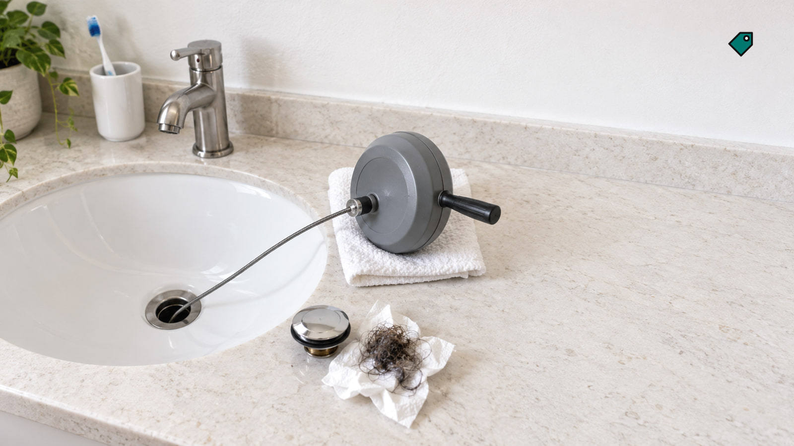 A drain snake rests on a folded towel beside a bathroom sink, with its cable in the drain and a stopper and clump of hair on the counter.