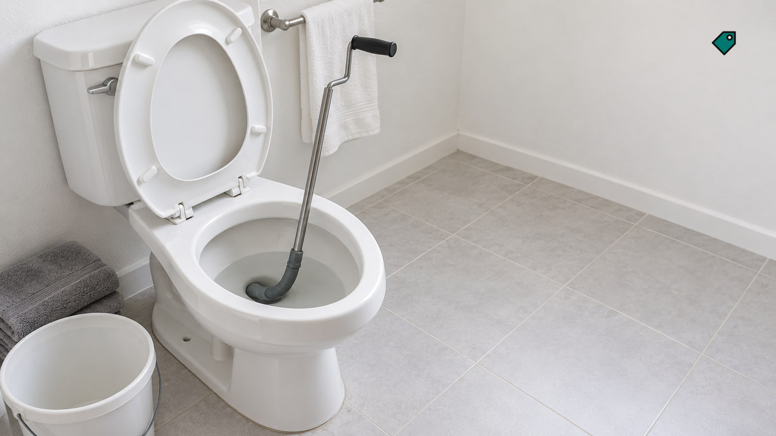 A metal toilet snake extends into a white toilet bowl in a bright bathroom, with the seat raised and a bucket on the tiled floor.