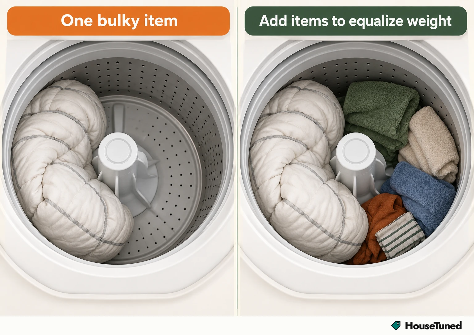 Two overhead views of a washer basket: one bulky comforter alone against one side, and the same comforter with smaller items added around it.