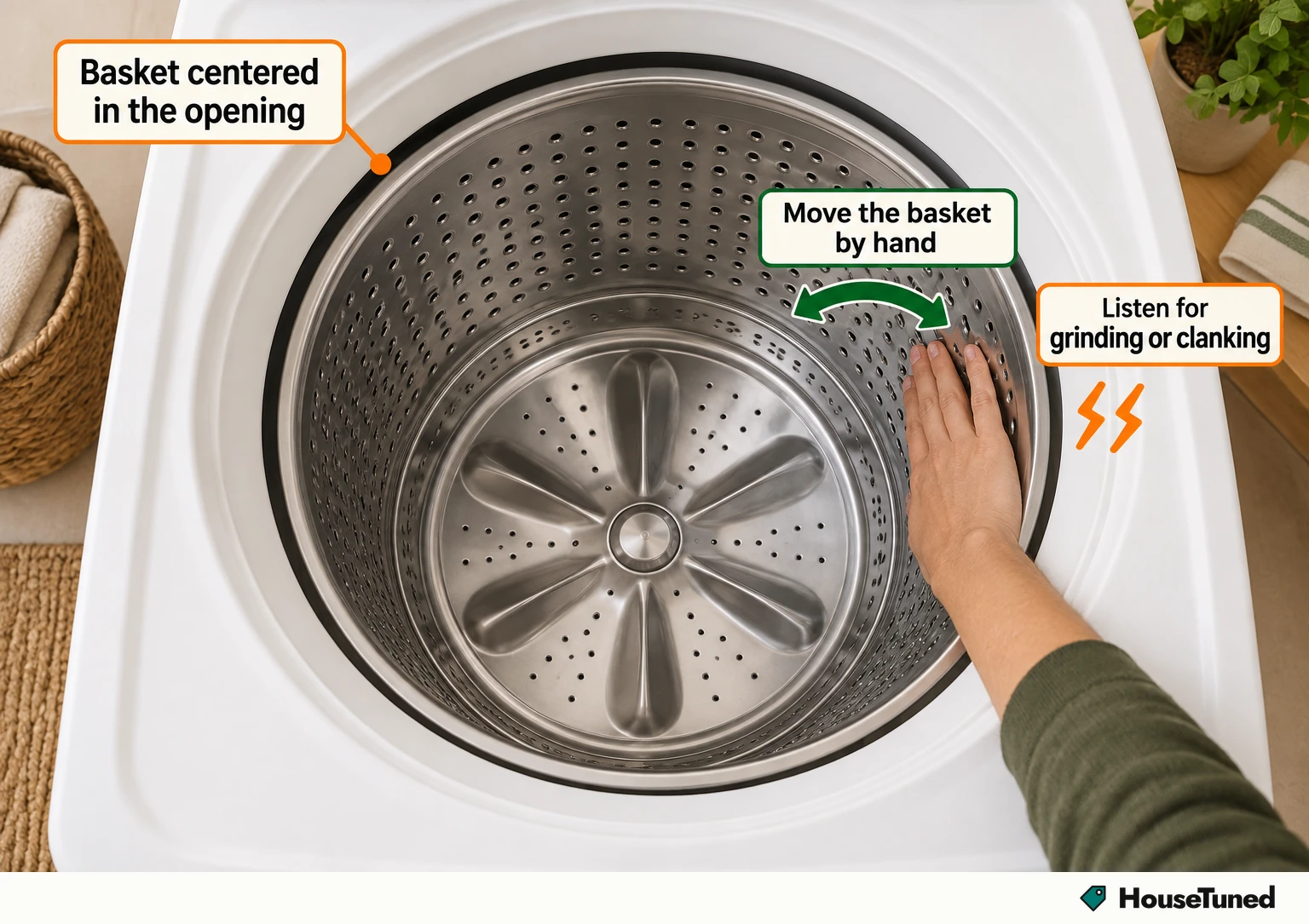 Overhead view through an open top-load washer showing the perforated basket centered in the tub opening, a hand on the basket.