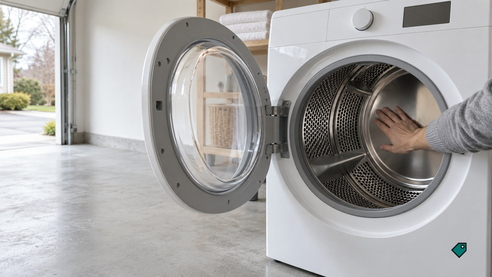 White dryer in a daylit garage, door open, a hand pressed flat inside its empty steel drum on a pale grey concrete floor.