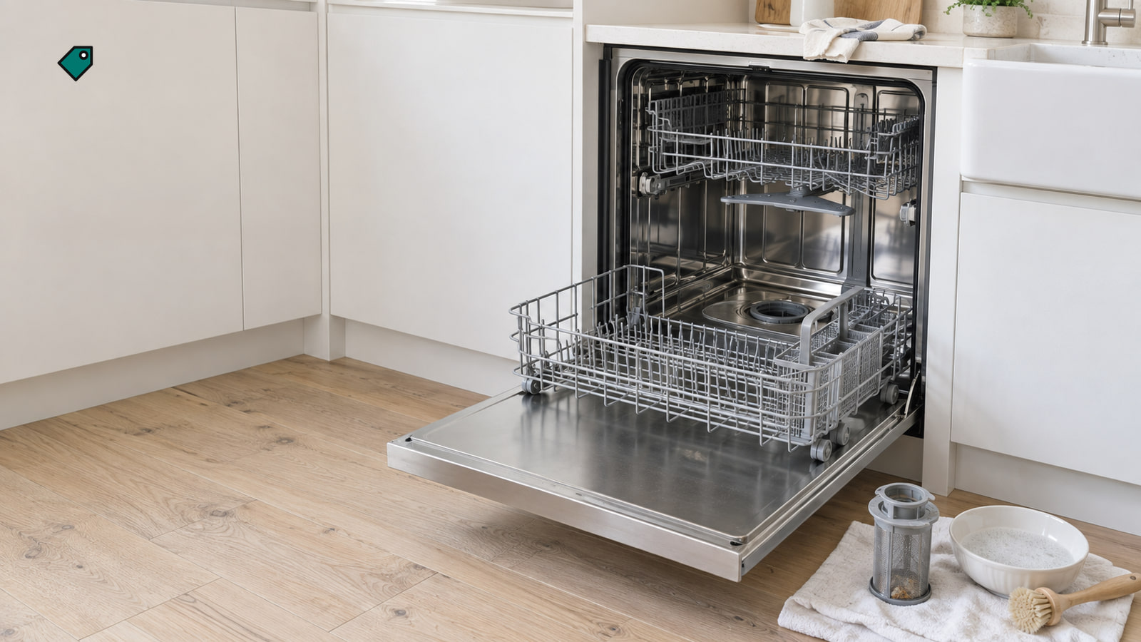 An open stainless dishwasher with its lower rack pulled out and its mesh filter lifted onto a linen towel beside a soapy bowl, in soft daylight.