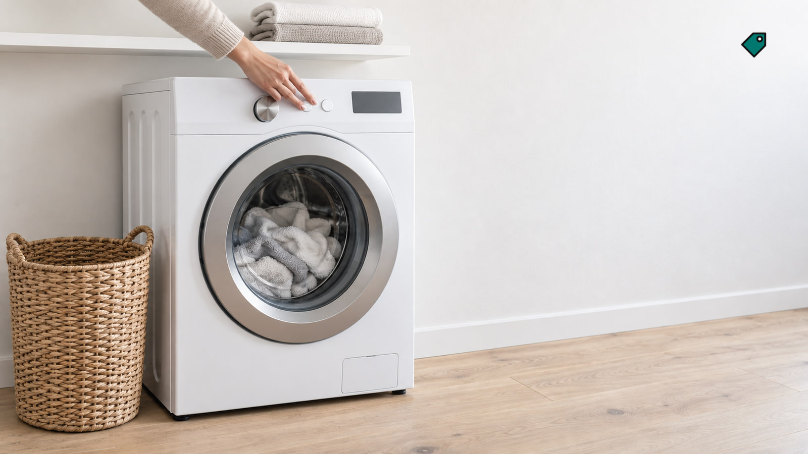 A hand touches the controls of a white front-loading washing machine with laundry inside, beside a wicker basket and folded towels.