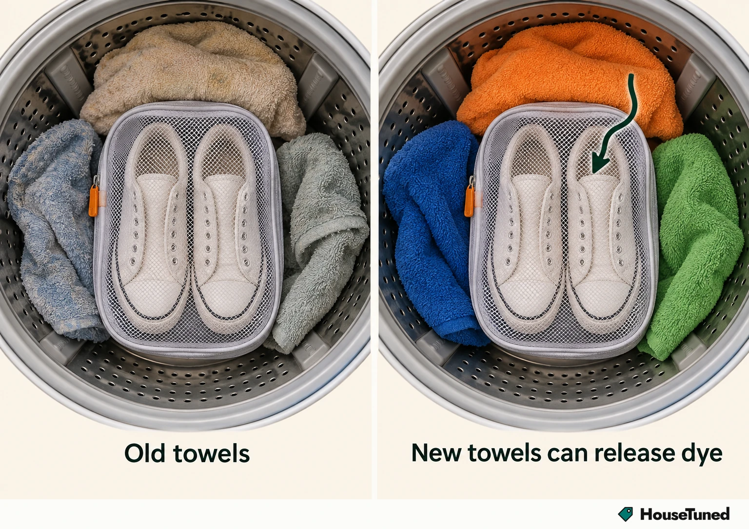 Two overhead views of a mesh bag of unlaced shoes in a washer drum, with old towels and with new towels plus a dye arrow.