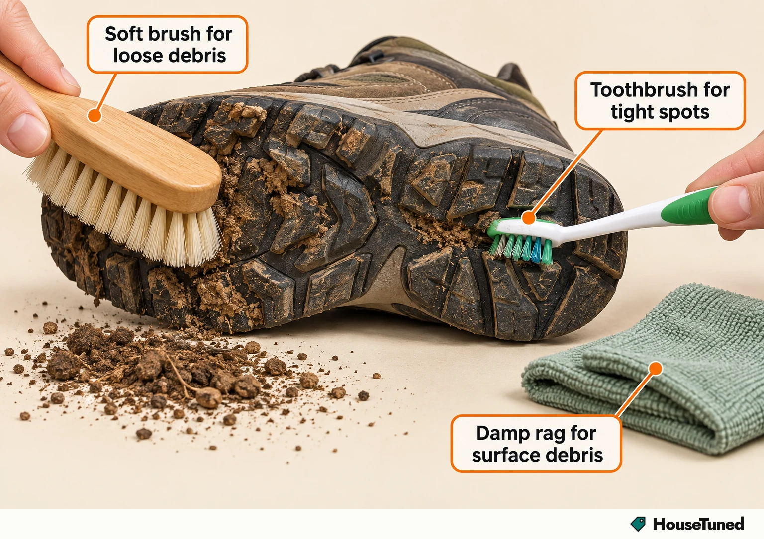 Close-up of an upturned shoe sole with loose mud in the tread, a soft brush sweeping it away, a toothbrush in a tight groove and a damp rag nearby.