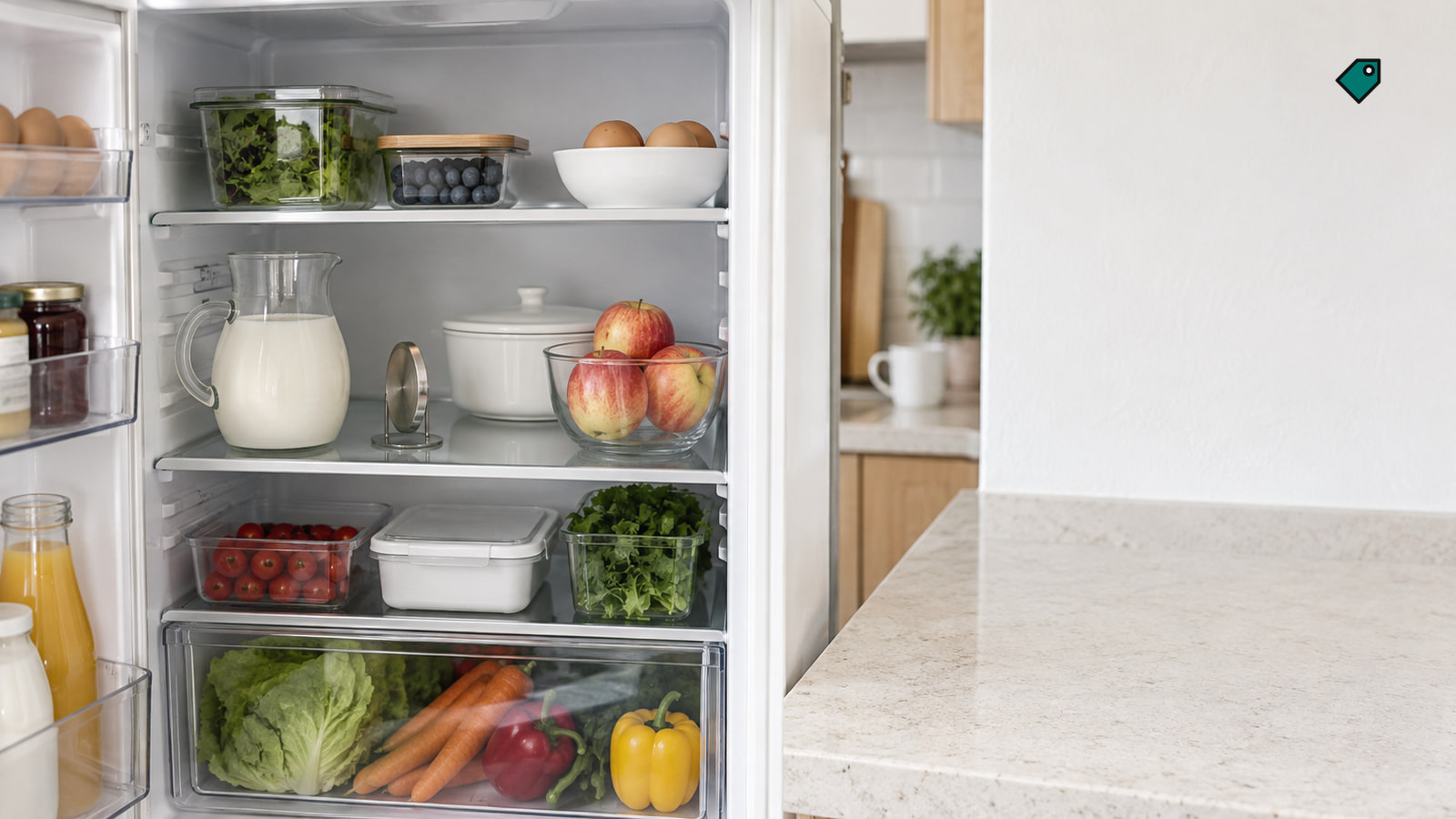 An open white fridge in daylight with a small steel thermometer standing on the middle shelf beside a milk jug, covered dish and bowl of apples.