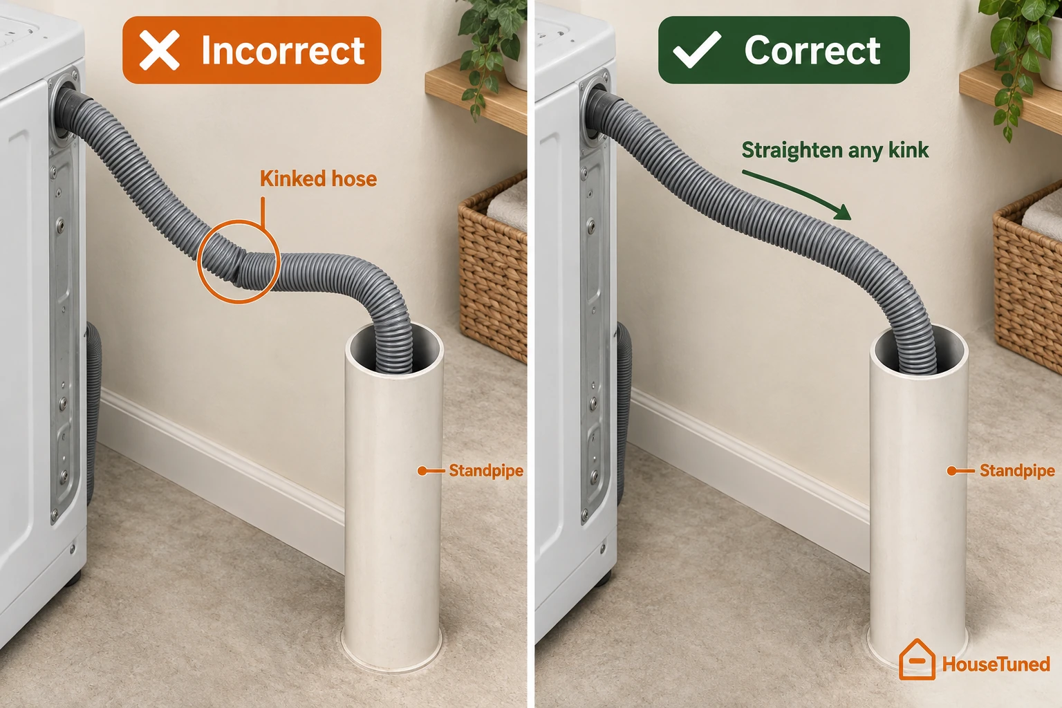 Comparison of a kinked drain hose and a smoothly curved one, both curving down into the open top of a standpipe.