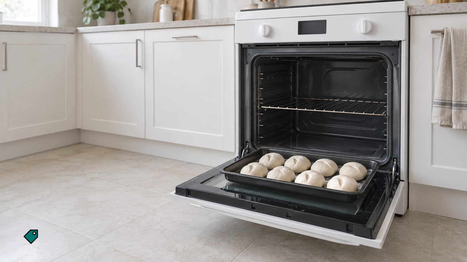 A white oven stands open in a bright kitchen, with a tray of round dough pieces resting on its lowered door.
