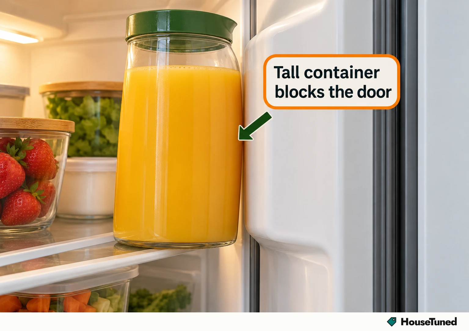 Close-up inside a refrigerator: a tall container sticks past the cabinet edge into the door's path, arrow marks contact.