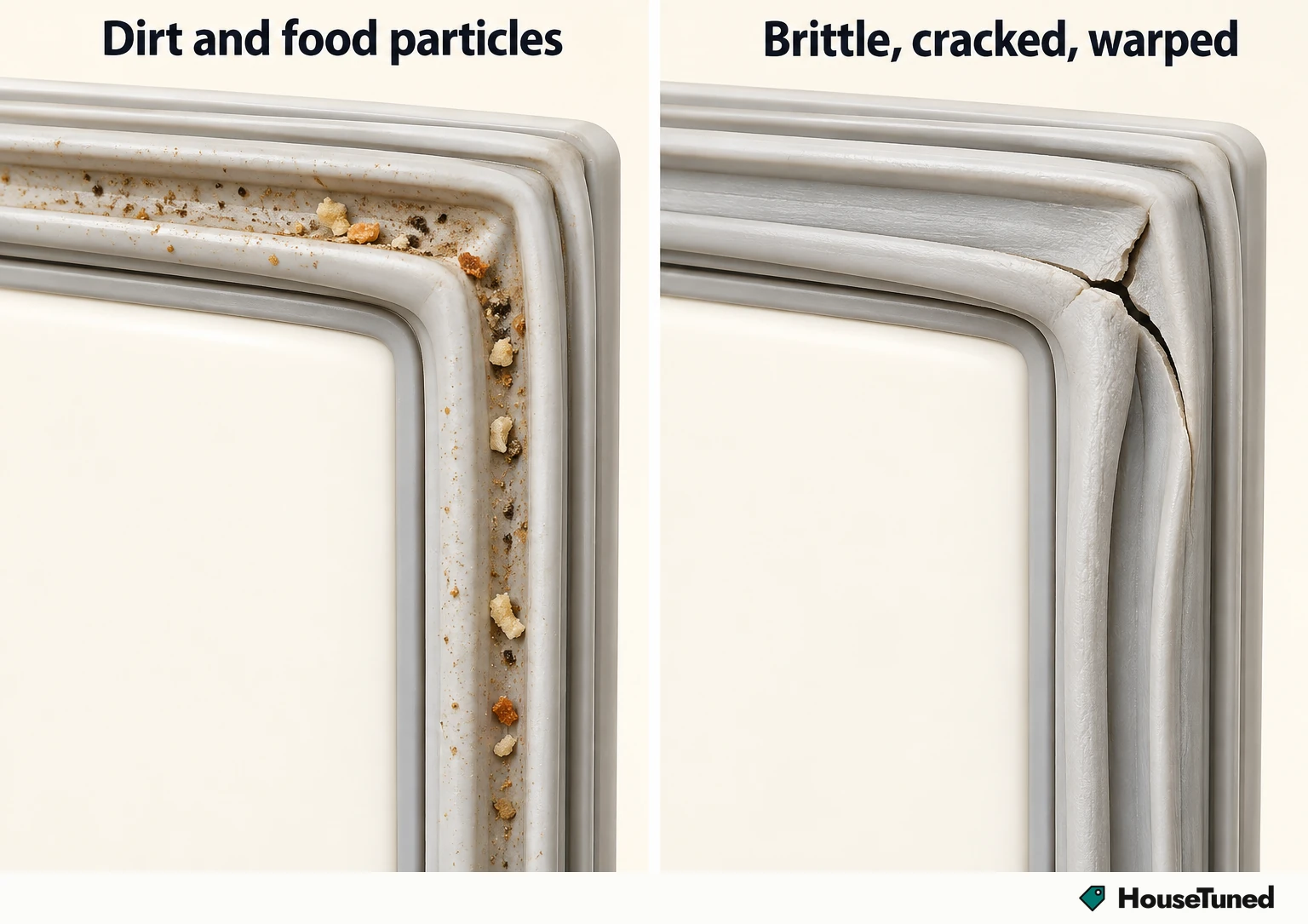 Same fridge door gasket shown twice: left, intact rubber with surface grime and food particles; right, the same gasket cracked and warped.