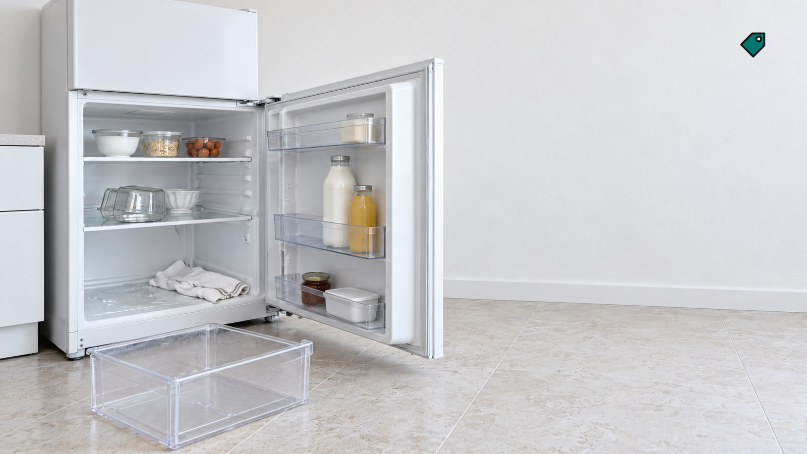 An open white refrigerator has water pooled at the bottom beside a towel, with a clear drawer removed onto the tiled floor.