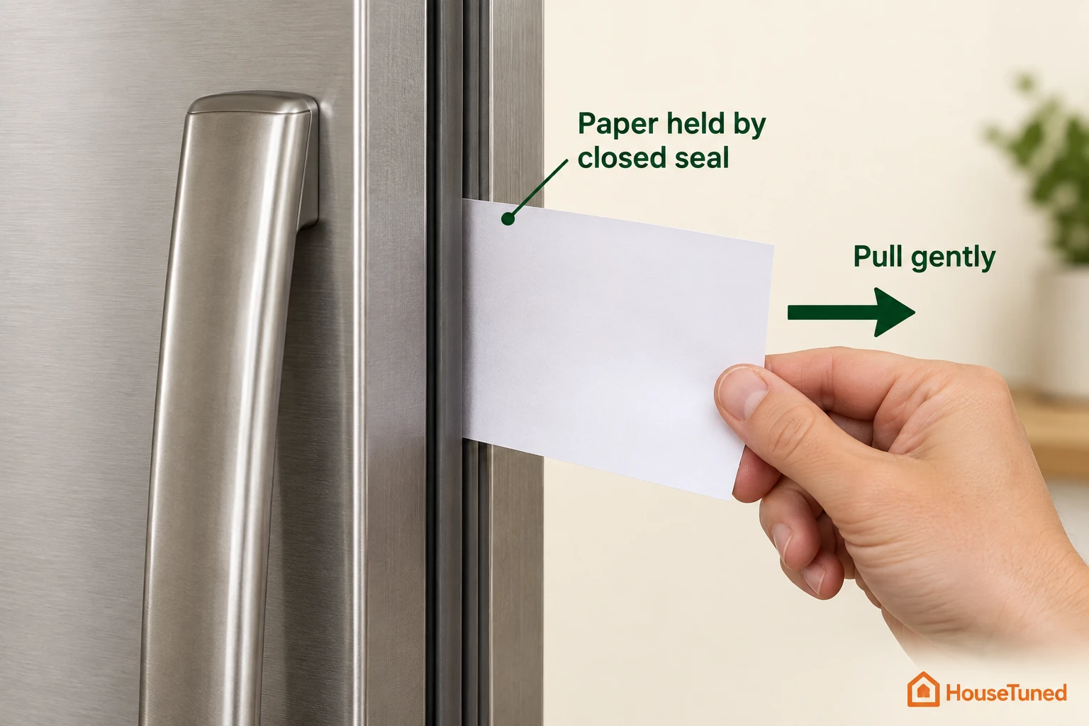 A hand gently pulls paper held halfway in a closed refrigerator door seal.
