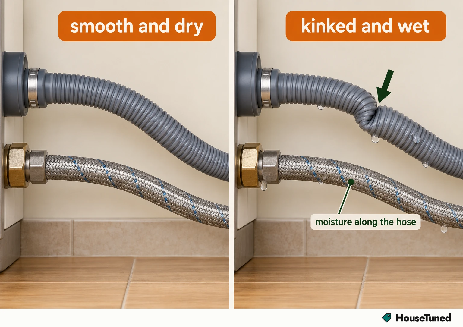 Same dishwasher hose shown twice from the side: left smooth and dry with even diameter, right with one sharp pinched kink and droplets along the hose.