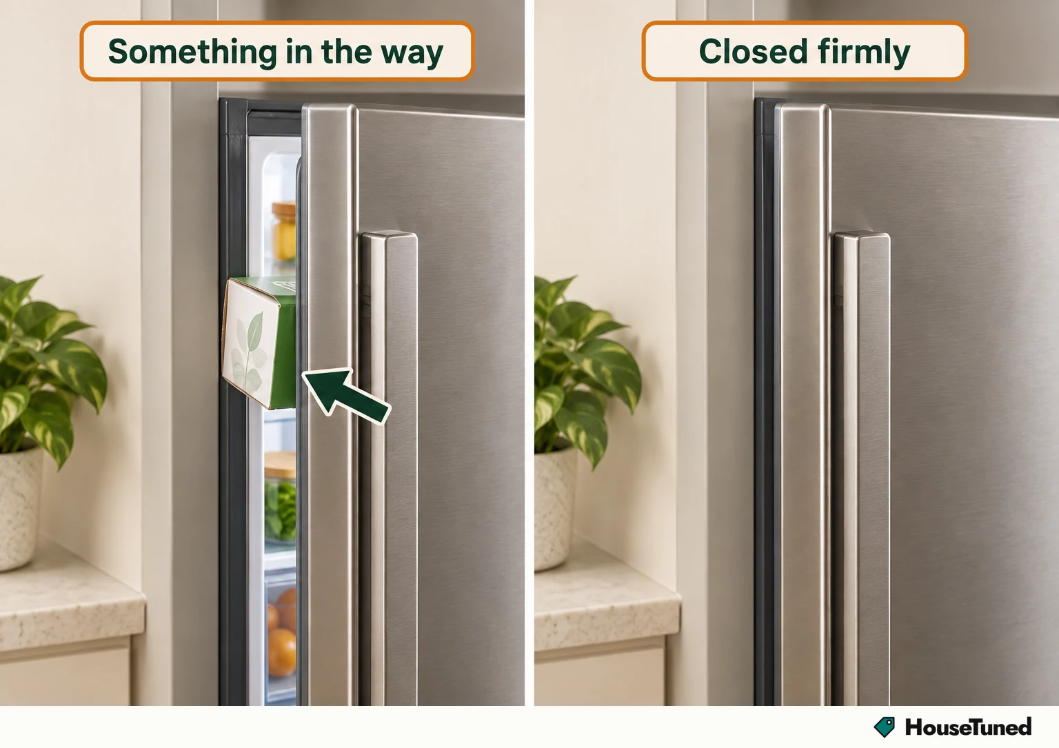 Same refrigerator door edge twice: left, an item in the opening holds the door ajar; right, the door closed firmly with a continuous seal line.