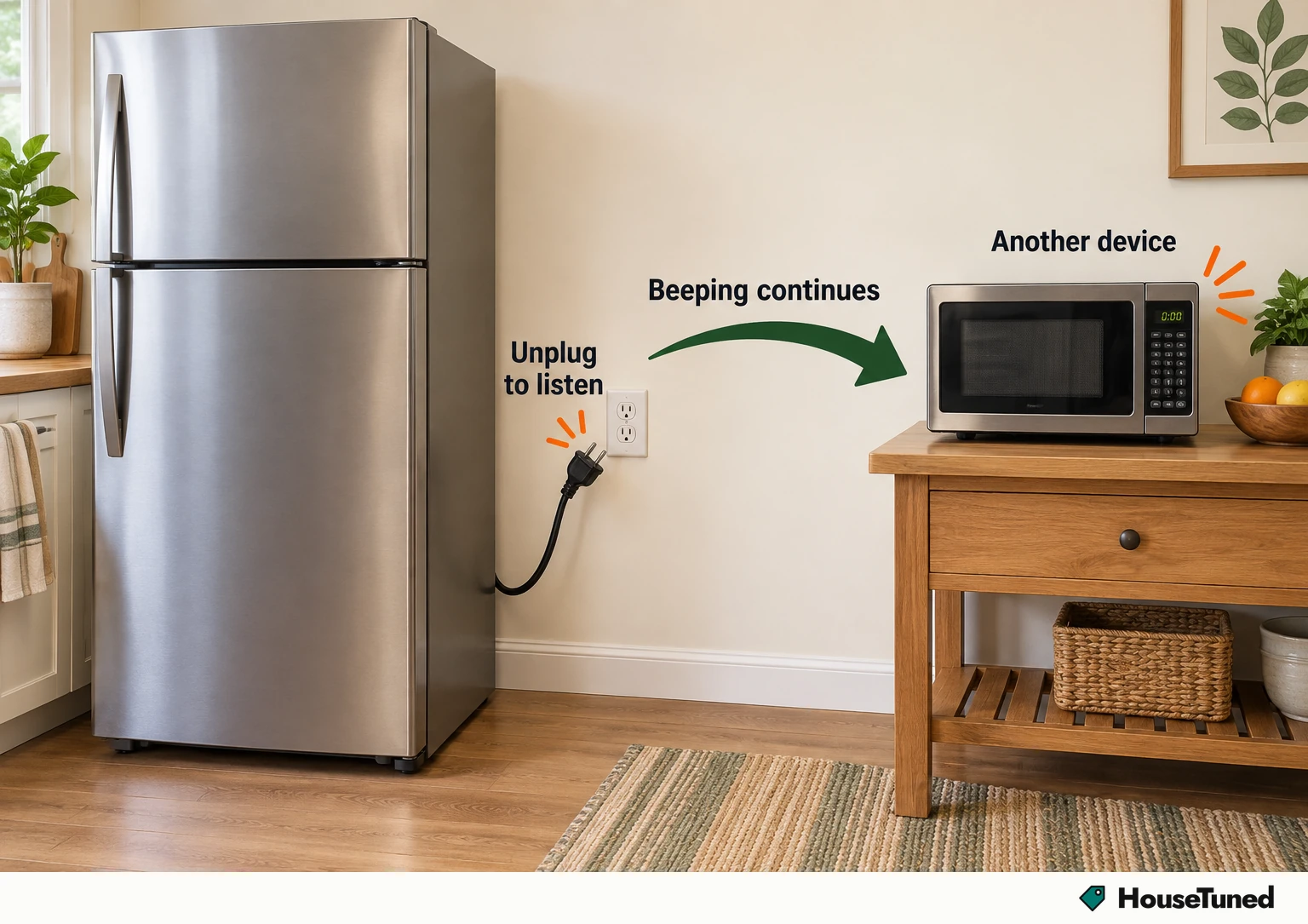 Refrigerator unplugged, plug clear of outlet, arrow to a nearby microwave; beeping continues.