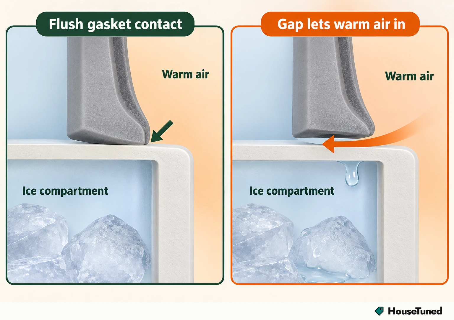 Side-by-side seal comparison: a gasket sitting flush against a bucket rim, and the same gasket with a narrow gap letting warm air into the ice compartment.