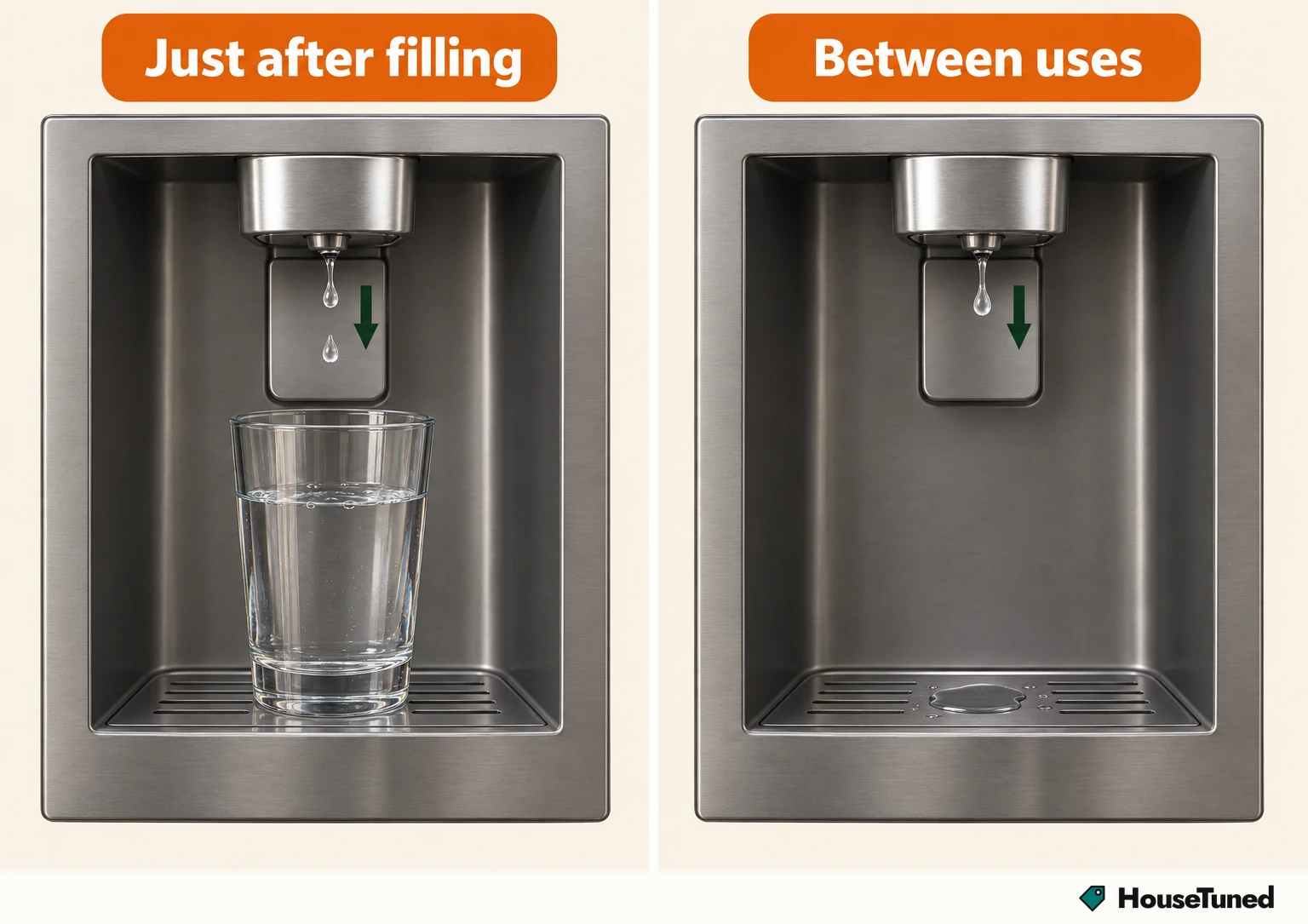 Same dispenser shown twice: left, drops falling into a glass just after filling; right, a single drop falling with no glass and nobody using it.