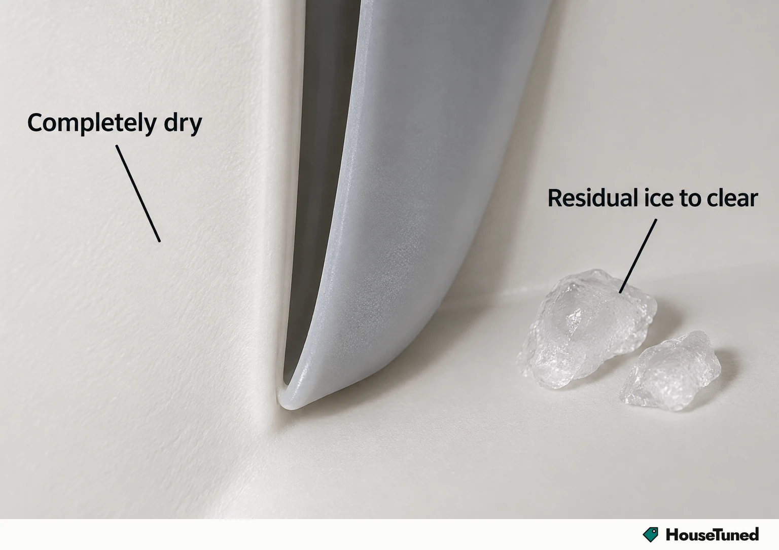 Close-up of a clean, dry ice chute seal and wall surface beside two loose ice fragments marked as residual ice to clear.