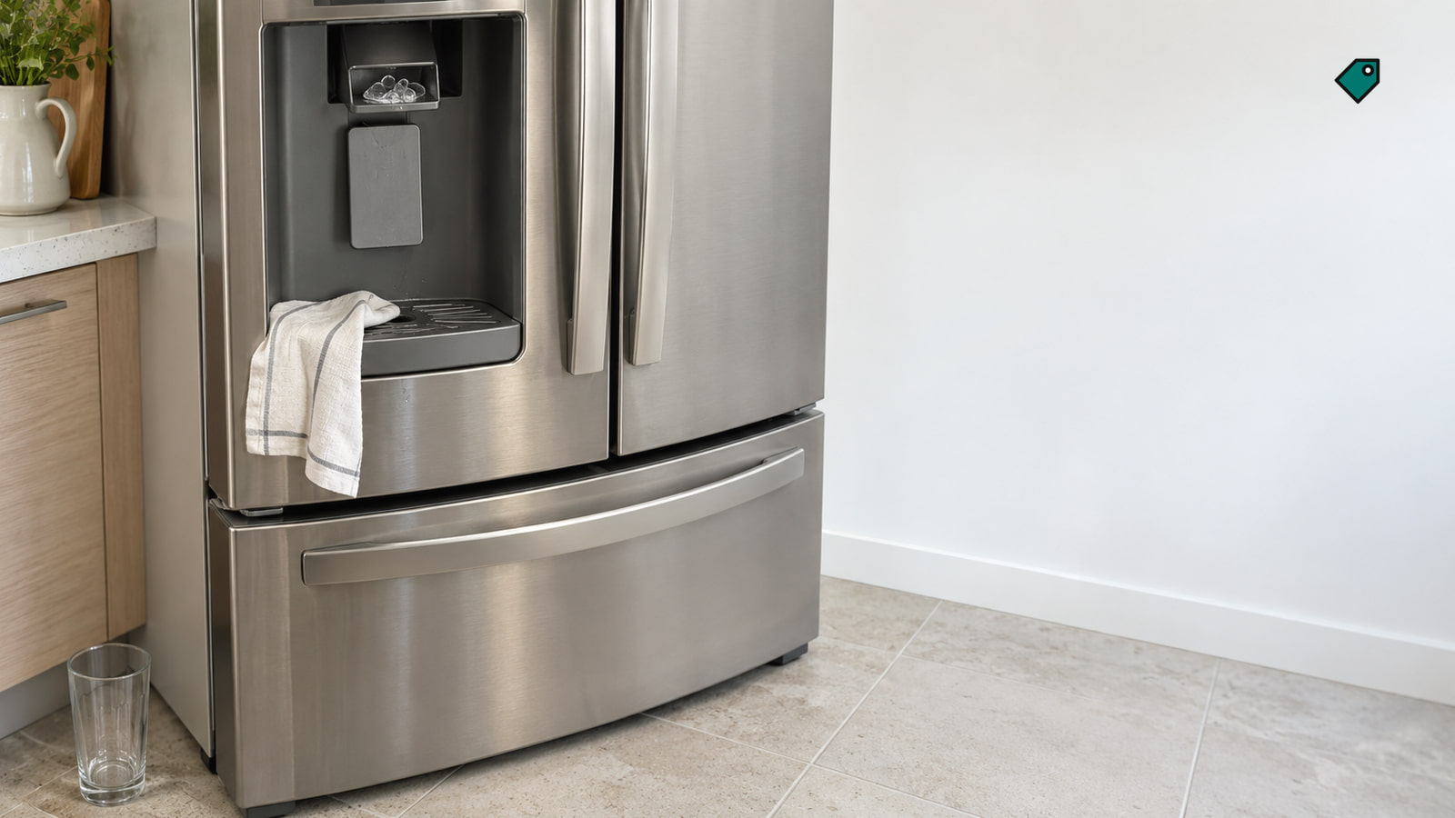 A striped towel hangs from the ice dispenser of a stainless steel refrigerator, with an empty glass on the tiled kitchen floor.