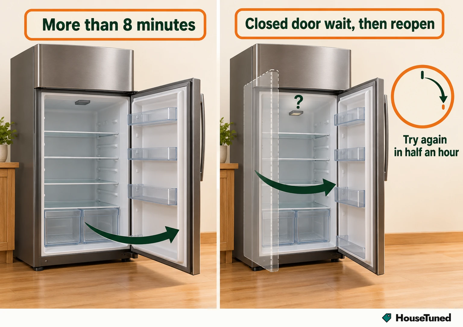Two views of a refrigerator: door held open over eight minutes with light off; door shut then reopened to check.