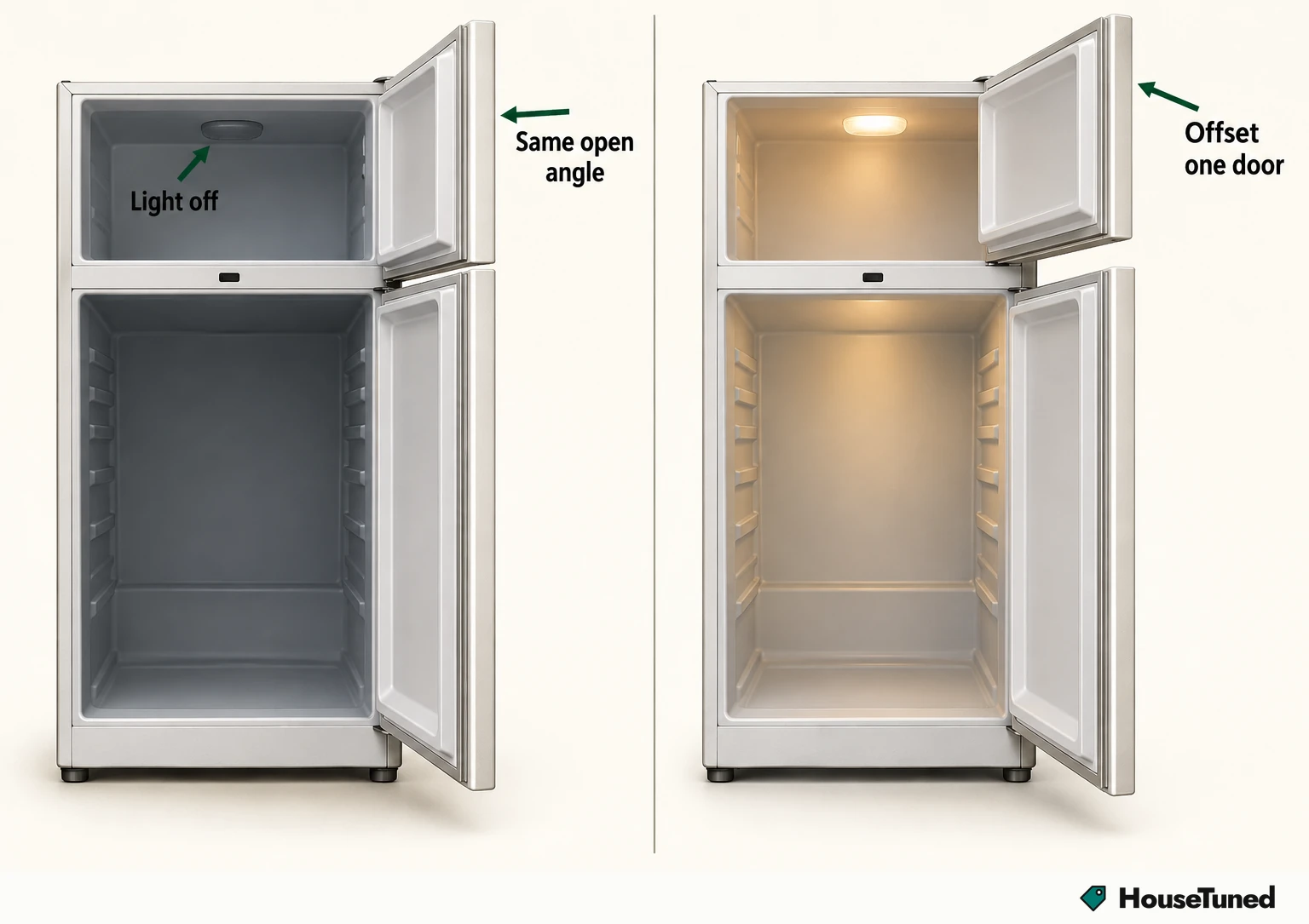 Two front views of a top-mount fridge cabinet: both doors at the same open angle with the light off, then one door offset with the light on.