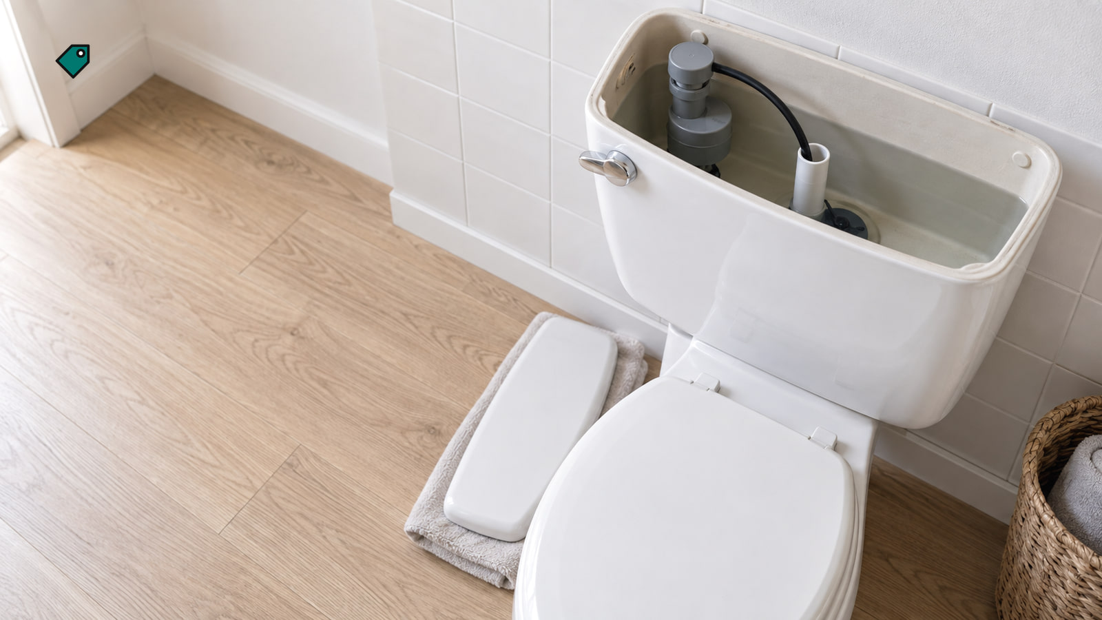 White toilet with its tank lid off on a towel, the grey fill valve and thin refill tube over the overflow pipe in clear water, in soft daylight.