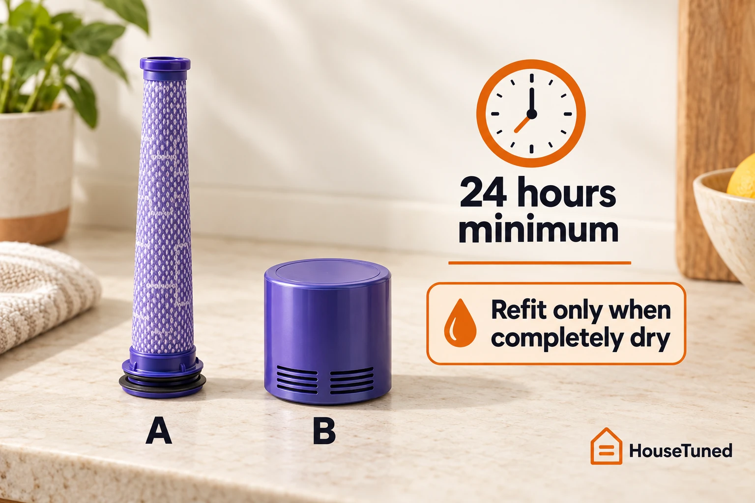 Filters A and B drying, with B upright and a reminder to wait at least 24 hours.