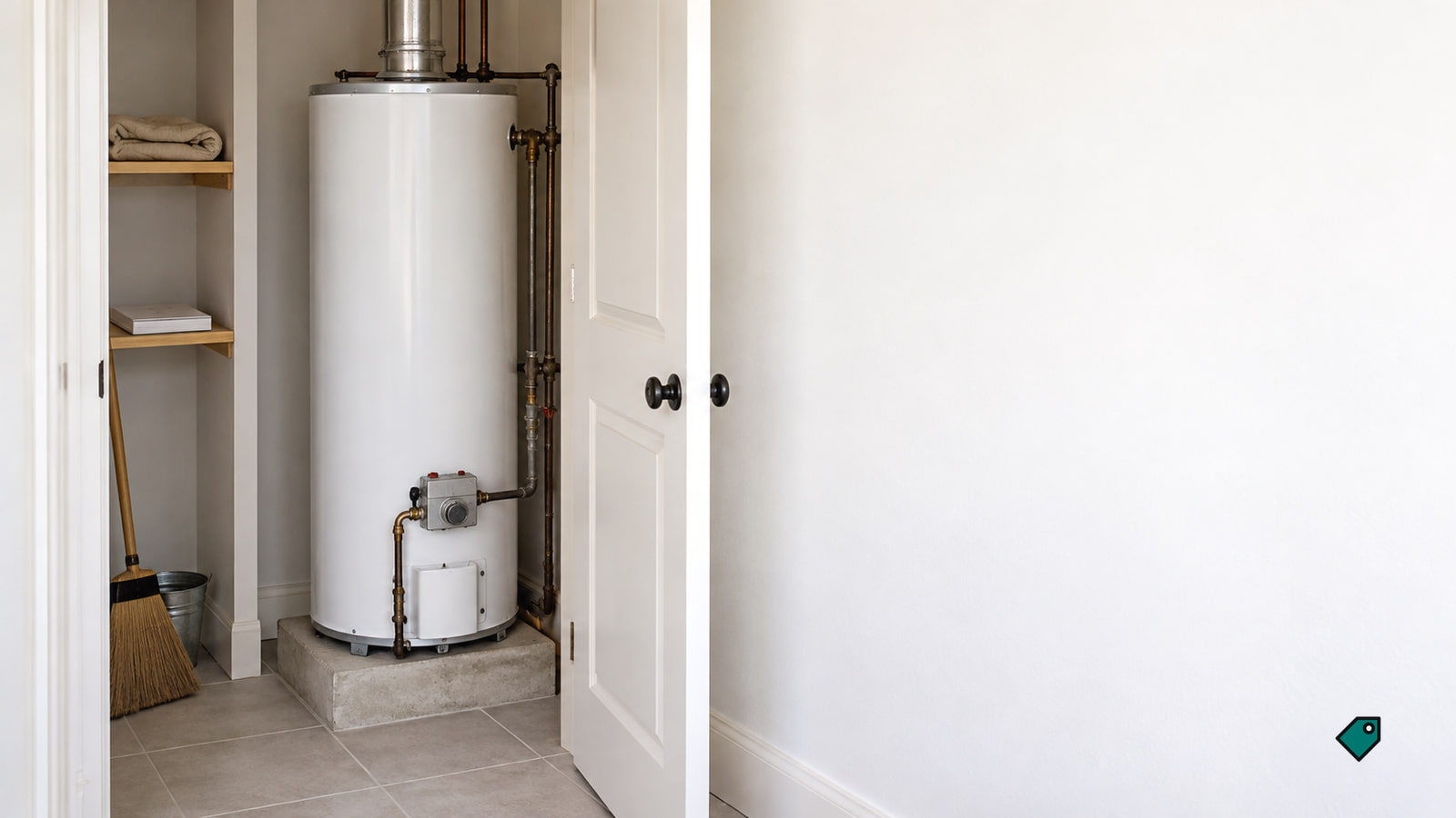 White gas water heater with a grey control box at its base standing in an open utility cupboard on grey tiles, in soft window light.