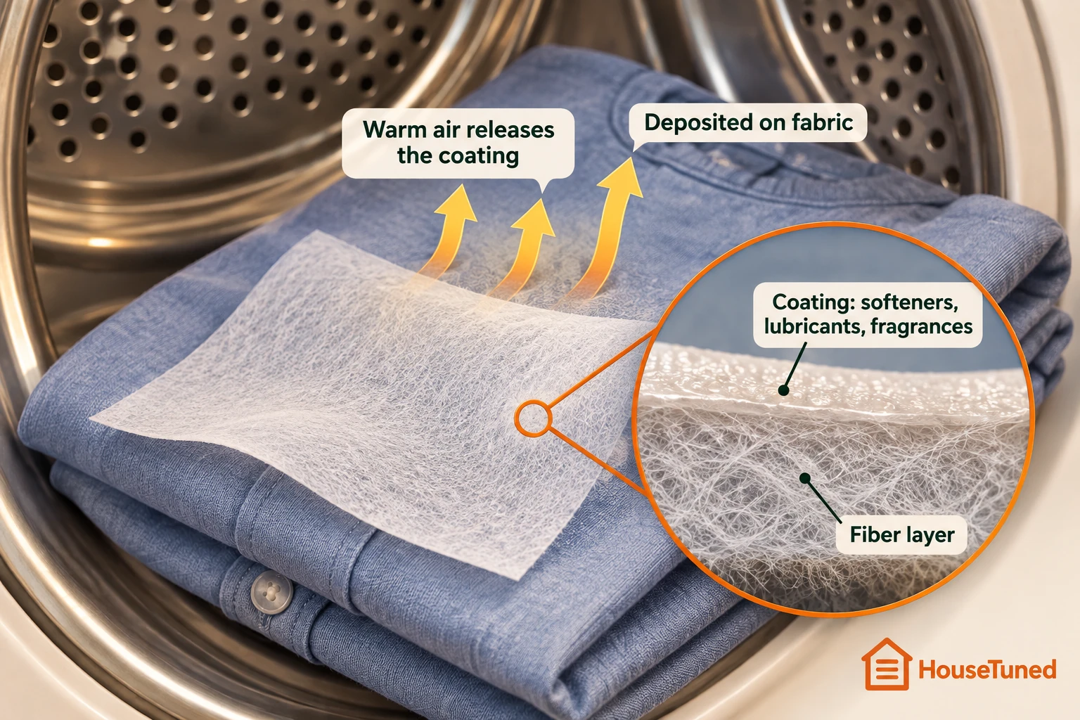 Cross-section of a dryer sheet showing its coating layer releasing softeners, lubricants and fragrance onto fabric in warm dryer air.