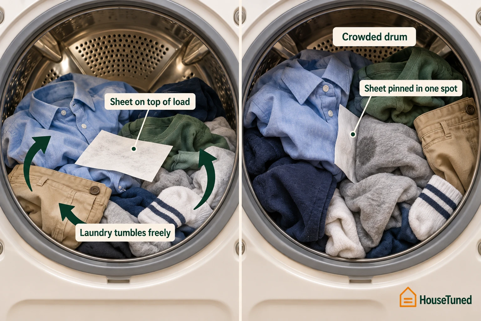 Cutaway of one dryer drum: a loose load with a fresh sheet on top, and a crowded drum with the sheet pinned in one spot.