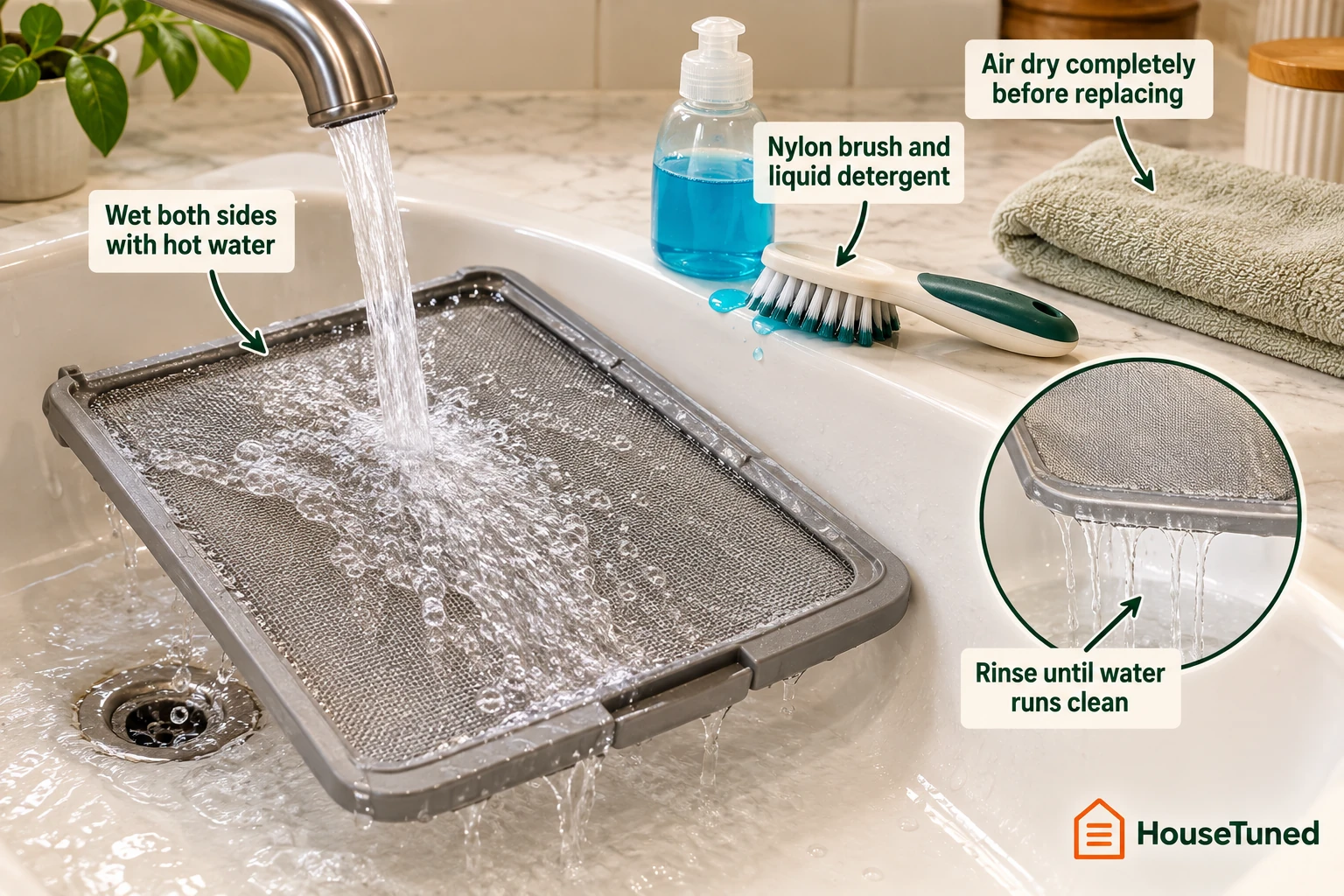 Lint-filter screen being rinsed under hot water beside a nylon brush, liquid detergent and a towel, with clear water as the rinse endpoint.