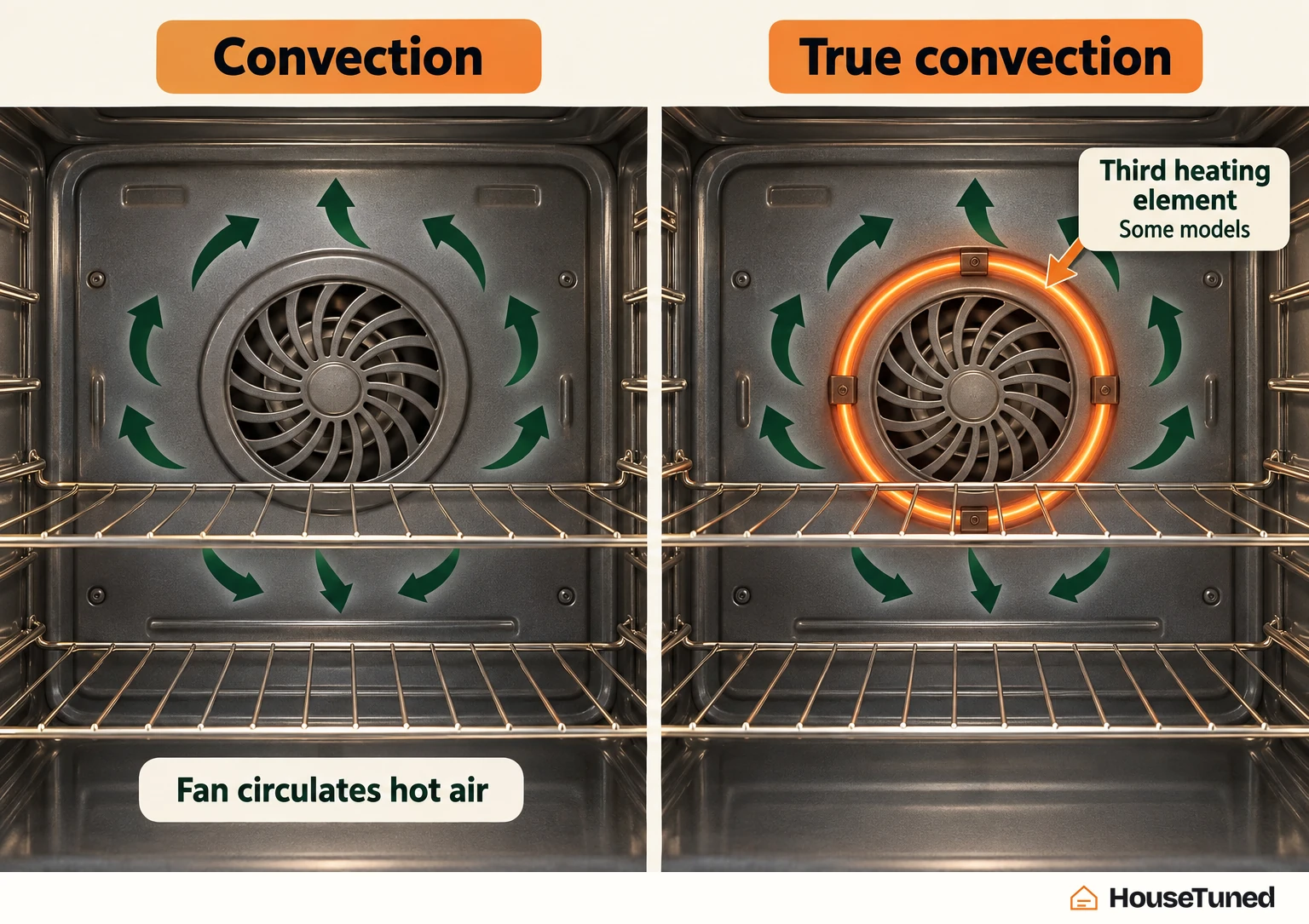 Two close-ups of the same oven rear wall: a fan with circulating arrows alone, then the same fan surrounded by a glowing third heating element.