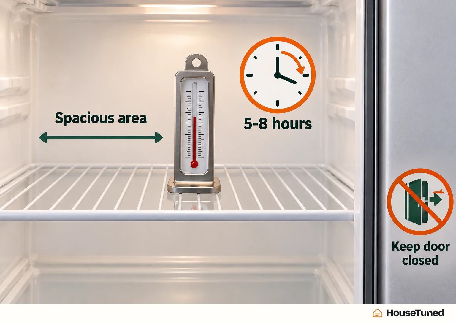 A freestanding refrigerator thermometer standing on an empty wire shelf with a 5-8 hour clock marker and a closed-door cue.