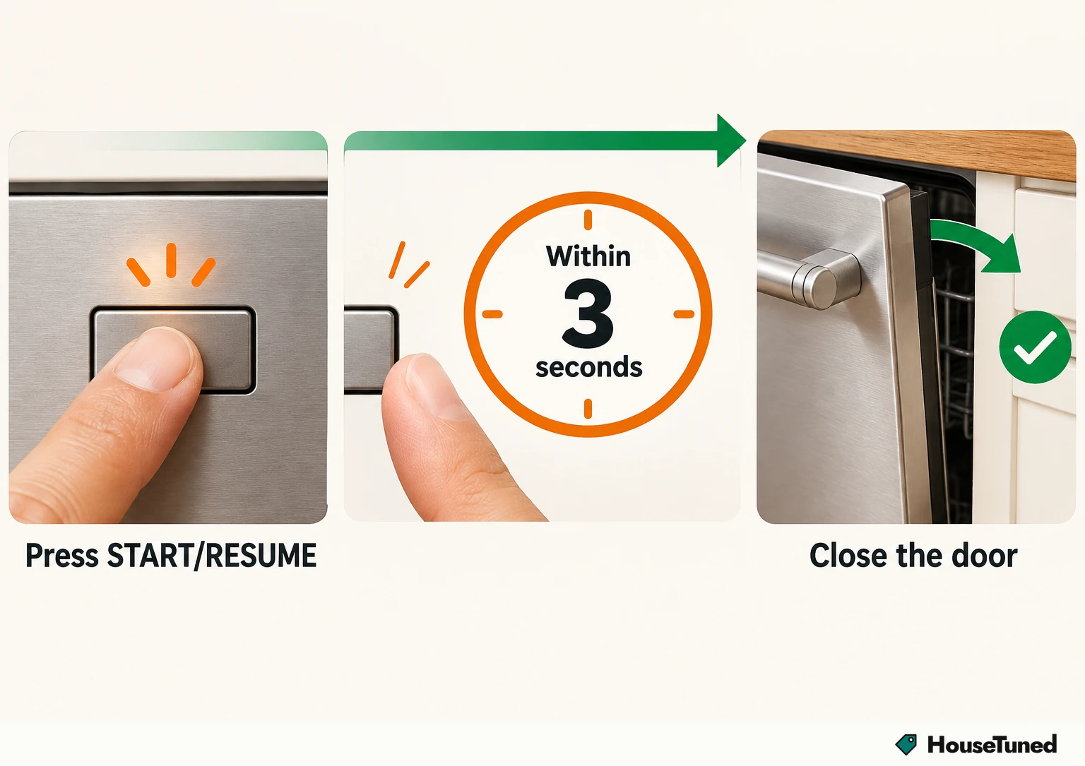 Three-step sequence: a finger presses the lit Start/Resume button, then the door is closed within a 3-second window.