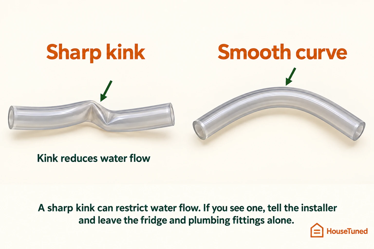 The same flexible water tube shown with a sharp kink and with a smooth curve.