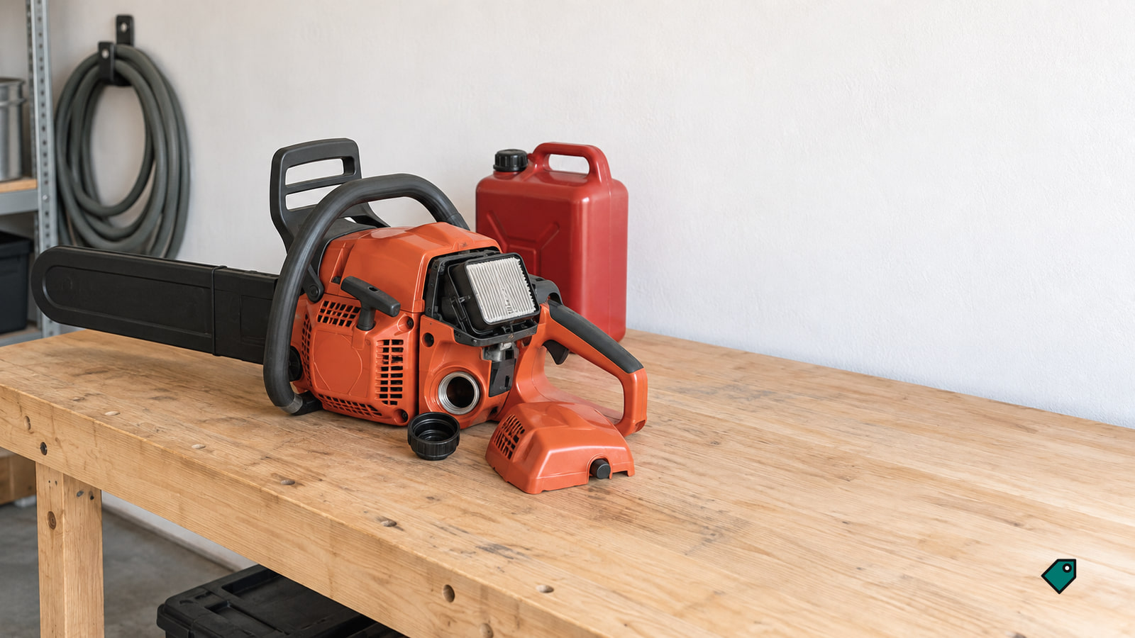 Red-orange chainsaw lying on an oak workbench in a bright garage, its fuel cap and air filter cover set beside it and a red fuel can behind.