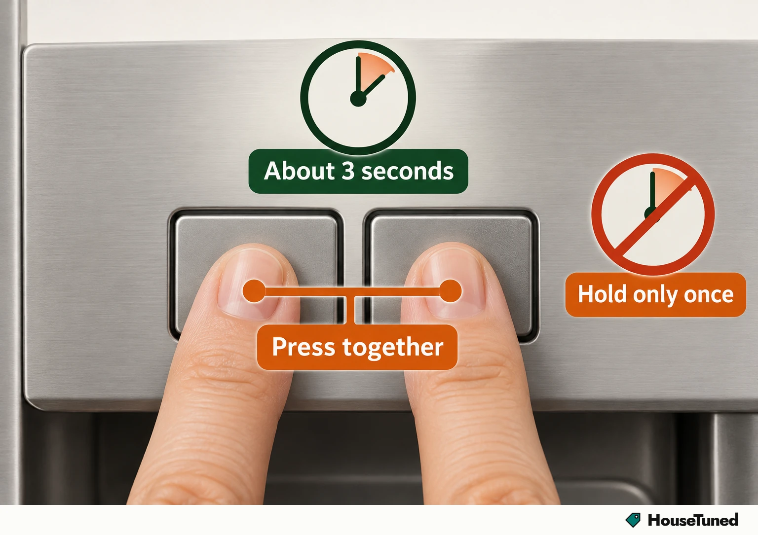 Close-up of two fingertip pads touching two side-by-side panel buttons at the same moment, with a 3-second badge and a crossed-out repeat badge.