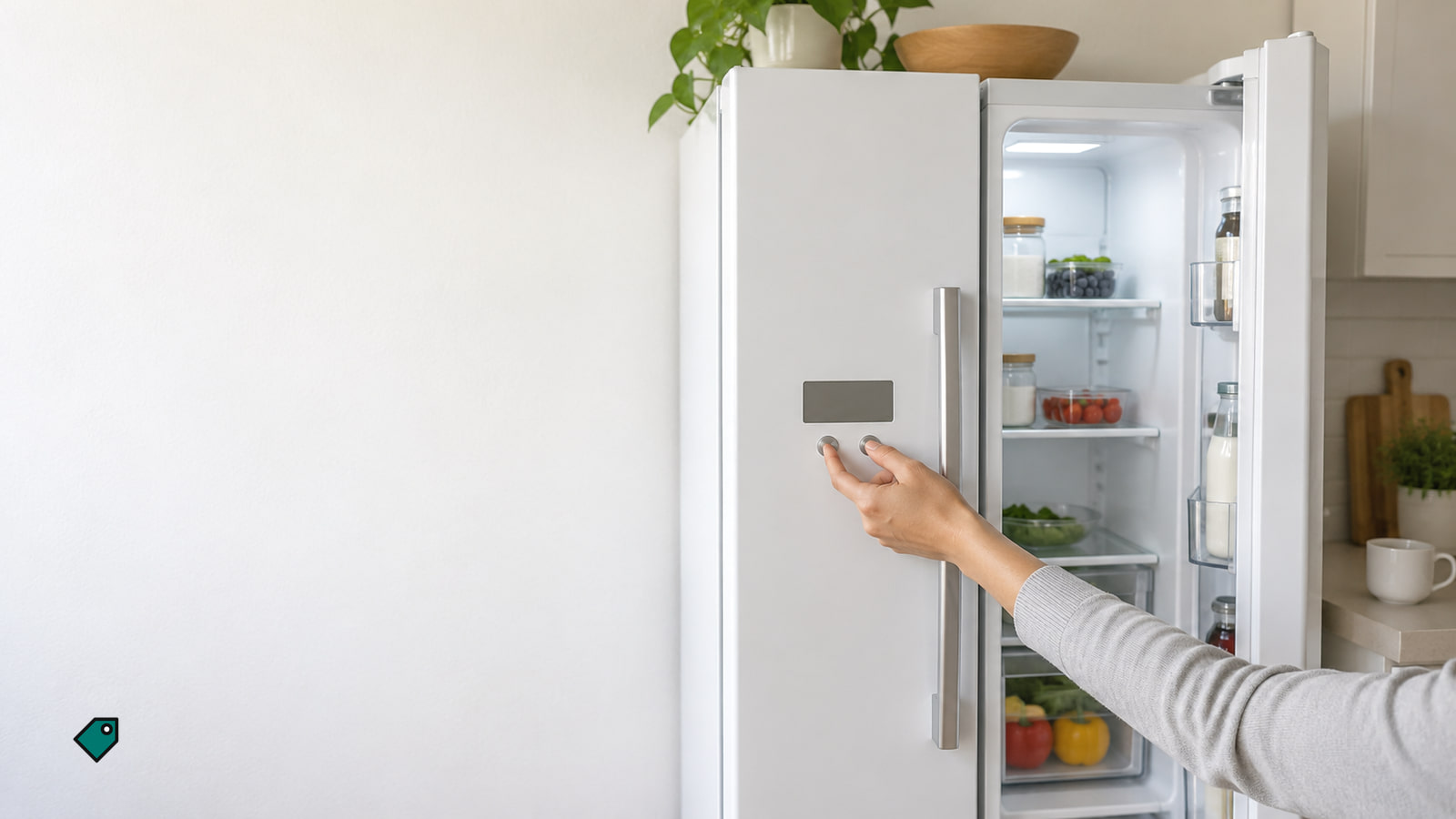 A hand presses two small buttons on a blank dark panel on a white refrigerator door, one door half open, in soft window light.