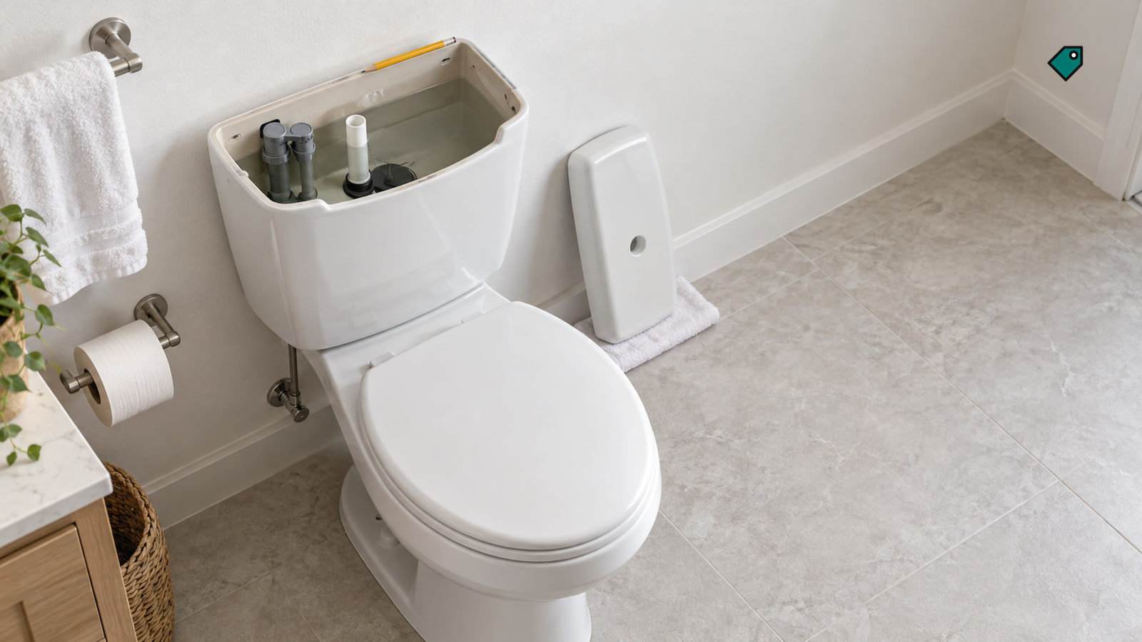 White toilet with its tank lid off and leaning on a towel, the float, overflow tube and flapper visible in clear water, in soft daylight.