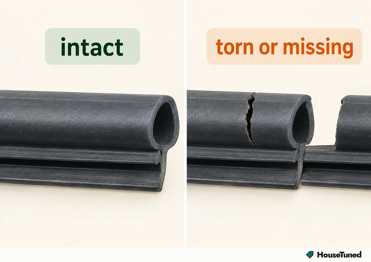 An intact door seal beside one with a tear and a missing section.